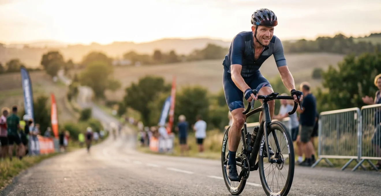 Cyclist conquering the final miles of a challenging 100-mile sportive with determination and energy