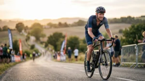 Cyclist conquering the final miles of a challenging 100-mile sportive with determination and energy