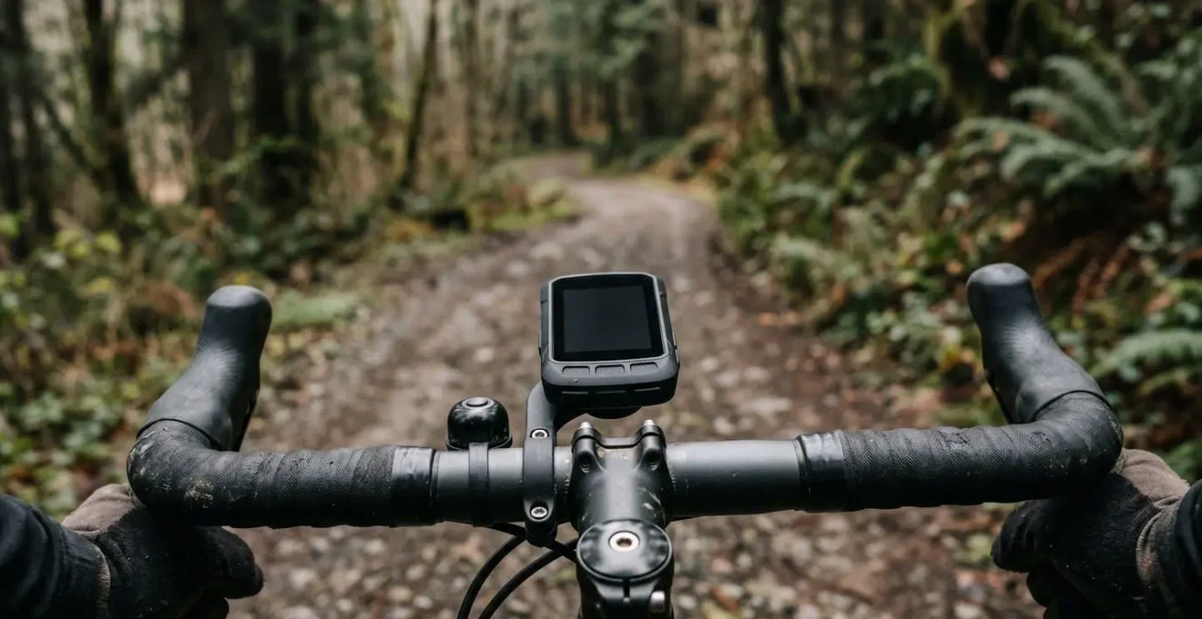Professional cyclist reviewing bike computer mounted on handlebars during outdoor ride