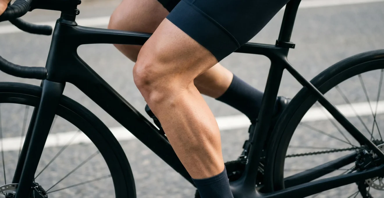 Close-up of cyclist's legs on road bike pedals showing dynamic pedaling motion and knee position