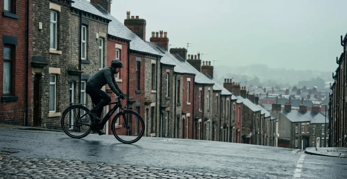 E-bike rider conquering steep gradient on iconic UK city hill with motor assistance