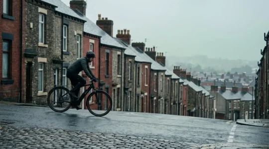 E-bike rider conquering steep gradient on iconic UK city hill with motor assistance