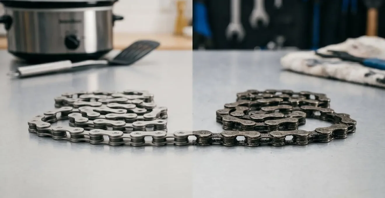 Close-up of bicycle chain with wax coating showing pristine drivetrain components