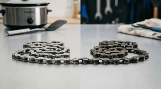 Close-up of bicycle chain with wax coating showing pristine drivetrain components