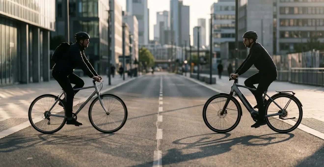 Two cyclists side by side on modern city street, one riding sleek hybrid bicycle, one on electric bike, both commuting through urban environment with bike lanes