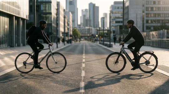 Two cyclists side by side on modern city street, one riding sleek hybrid bicycle, one on electric bike, both commuting through urban environment with bike lanes