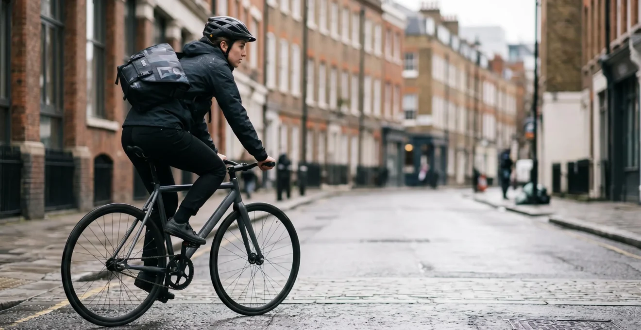 Professional bike courier navigating London streets with classic messenger bag worn across back