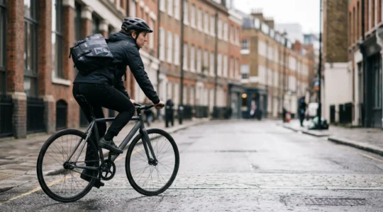 Professional bike courier navigating London streets with classic messenger bag worn across back