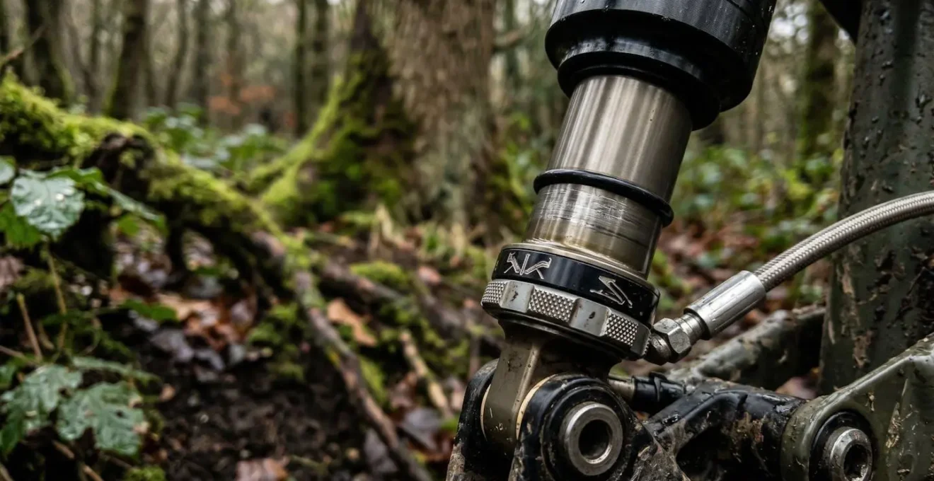 Mountain bike rear suspension detail with visible shock absorber on technical forest trail