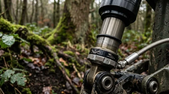 Mountain bike rear suspension detail with visible shock absorber on technical forest trail