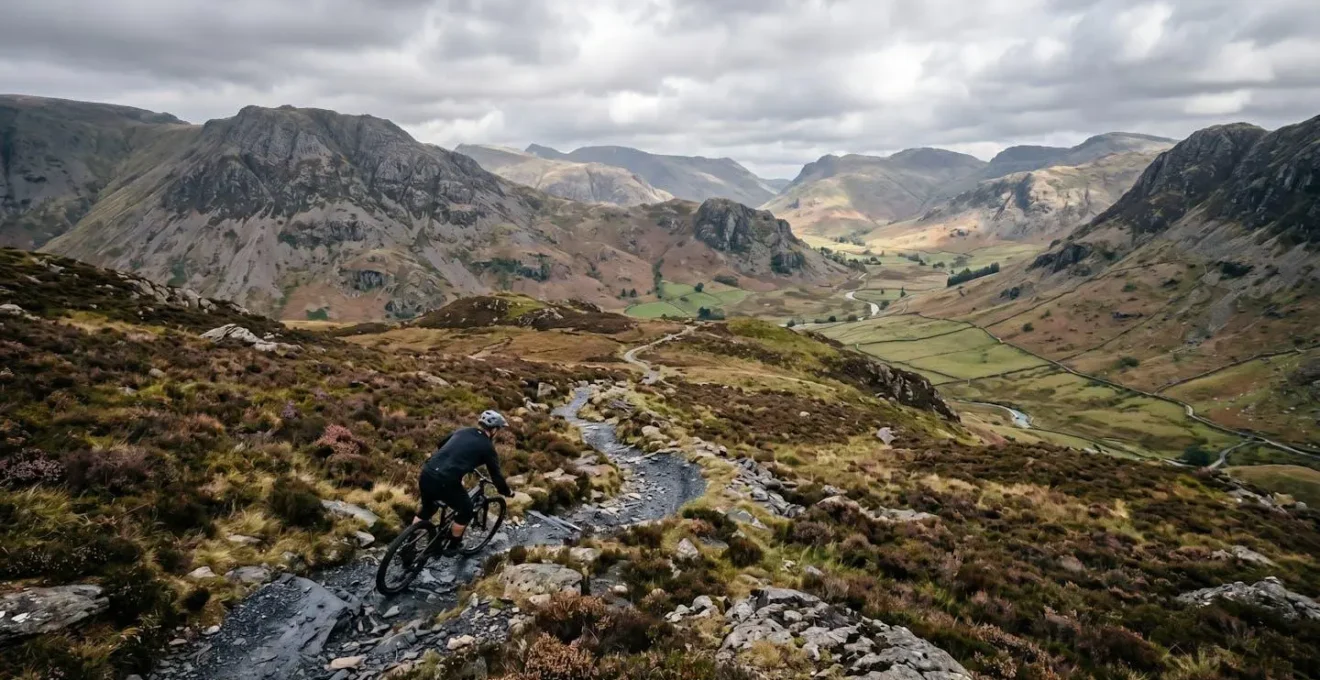 Mountain biker maintaining flow through rocky Lake District singletrack without braking