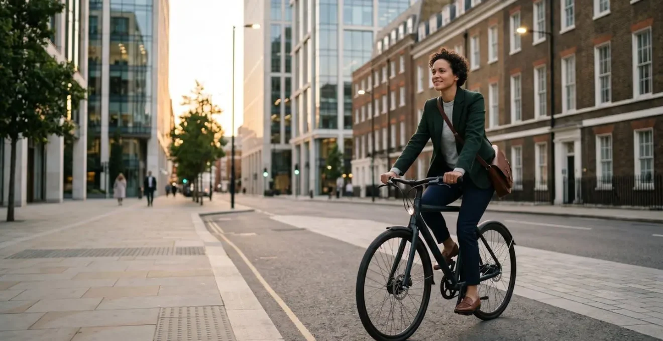 Professional cyclist in business attire riding through London streets maintaining polished appearance