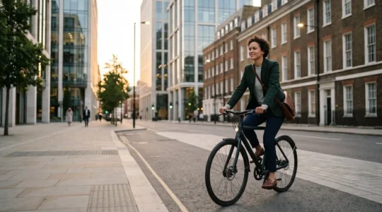 Professional cyclist in business attire riding through London streets maintaining polished appearance