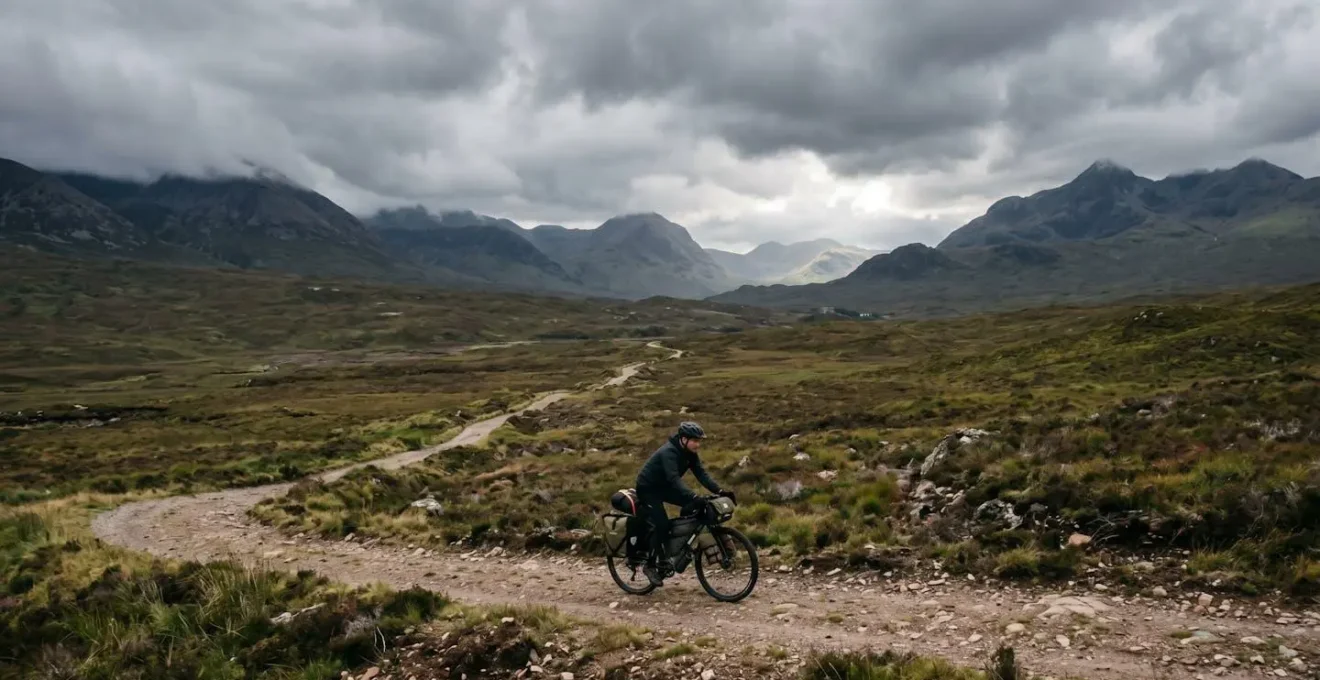 Lone bikepacker navigating rugged Highland terrain under dramatic Scottish sky