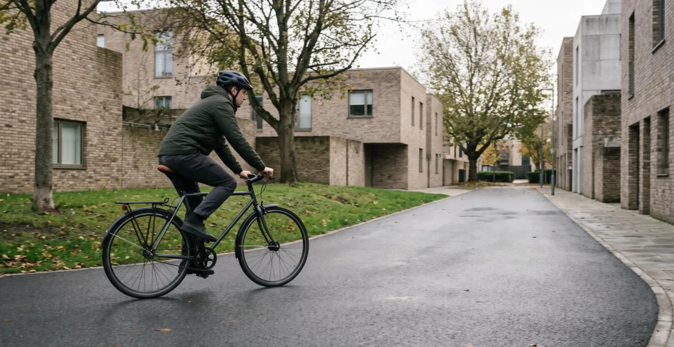 Single-speed cyclist navigating flat urban streets with minimalist bike design in natural daylight