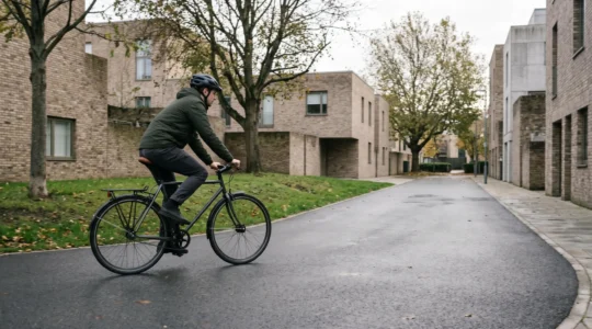 Single-speed cyclist navigating flat urban streets with minimalist bike design in natural daylight