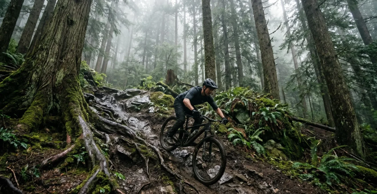Mountain biker navigating a steep, slippery chute with proper body positioning and brake control in challenging wet terrain
