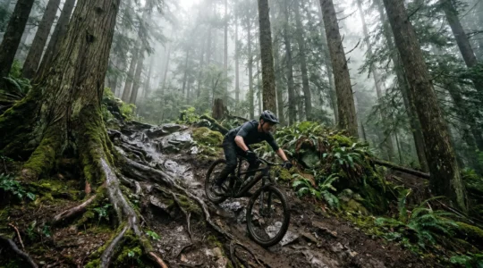 Mountain biker navigating a steep, slippery chute with proper body positioning and brake control in challenging wet terrain