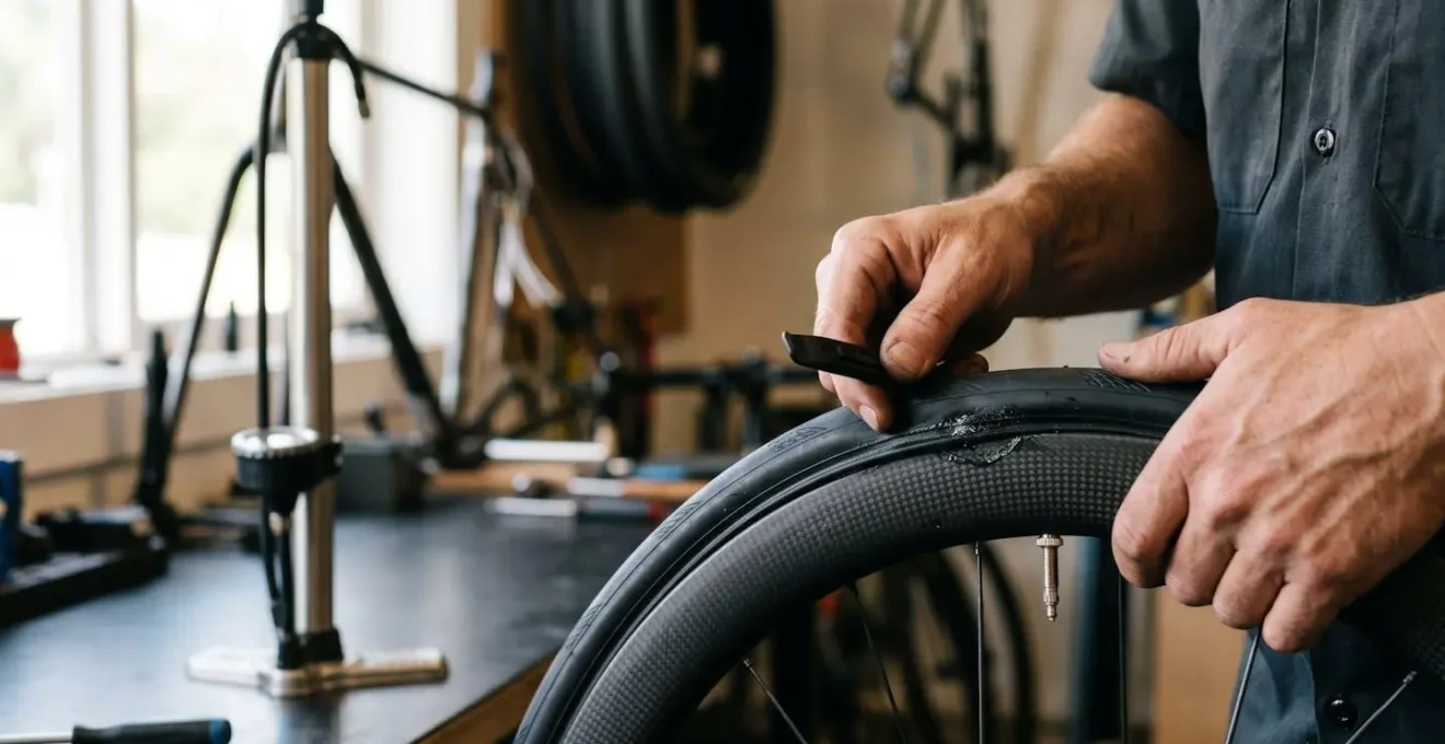 Close-up of cyclist's hands seating a tubeless bicycle tire onto a carbon rim using a floor pump technique, showing the professional setup process