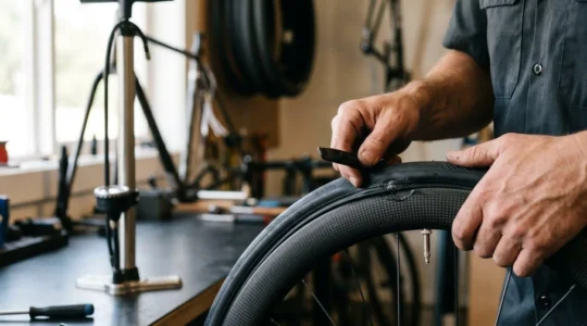 Close-up of cyclist's hands seating a tubeless bicycle tire onto a carbon rim using a floor pump technique, showing the professional setup process