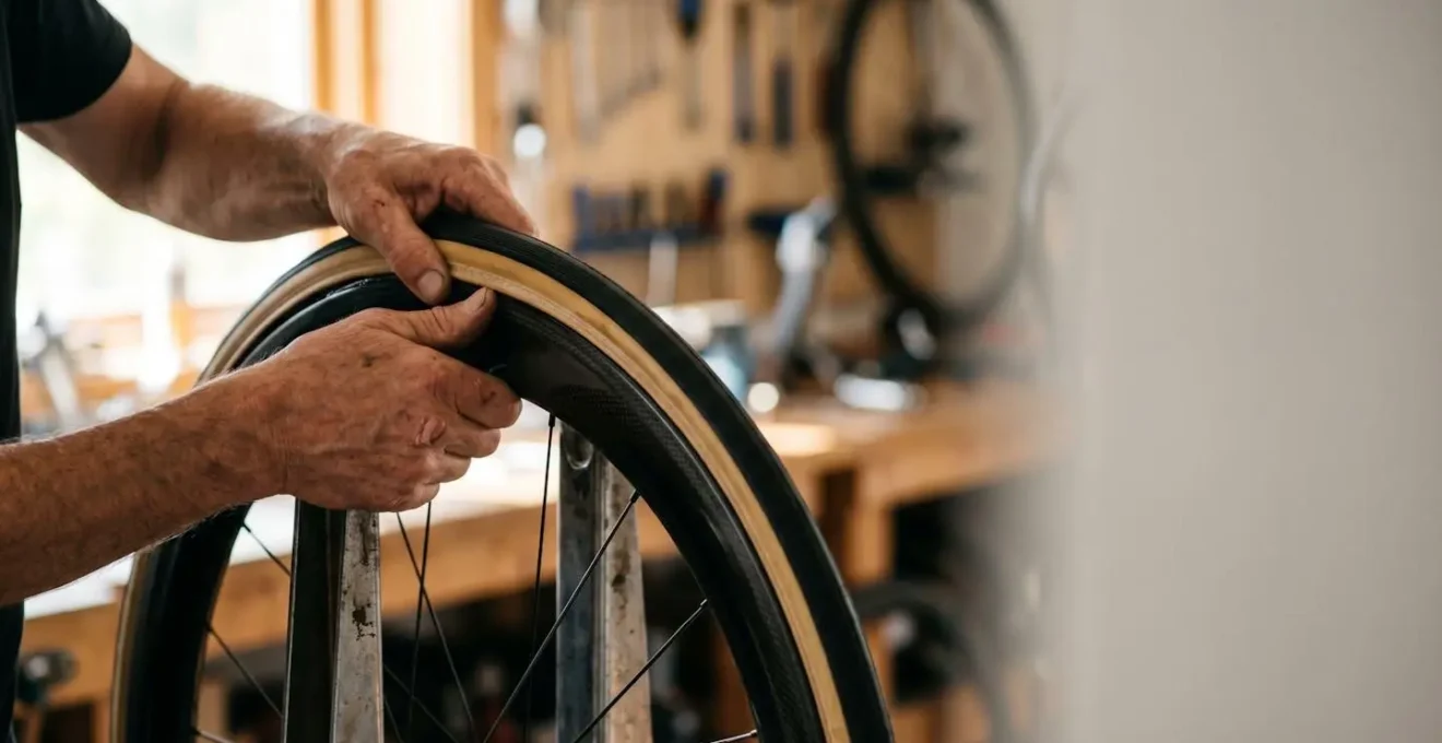 Close-up of professional cyclist's hands carefully mounting a tubular tire onto a carbon racing wheel in a workshop setting