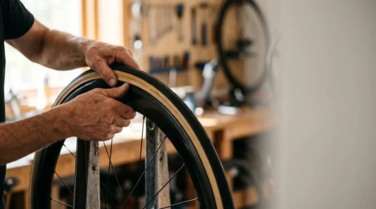 Close-up of professional cyclist's hands carefully mounting a tubular tire onto a carbon racing wheel in a workshop setting