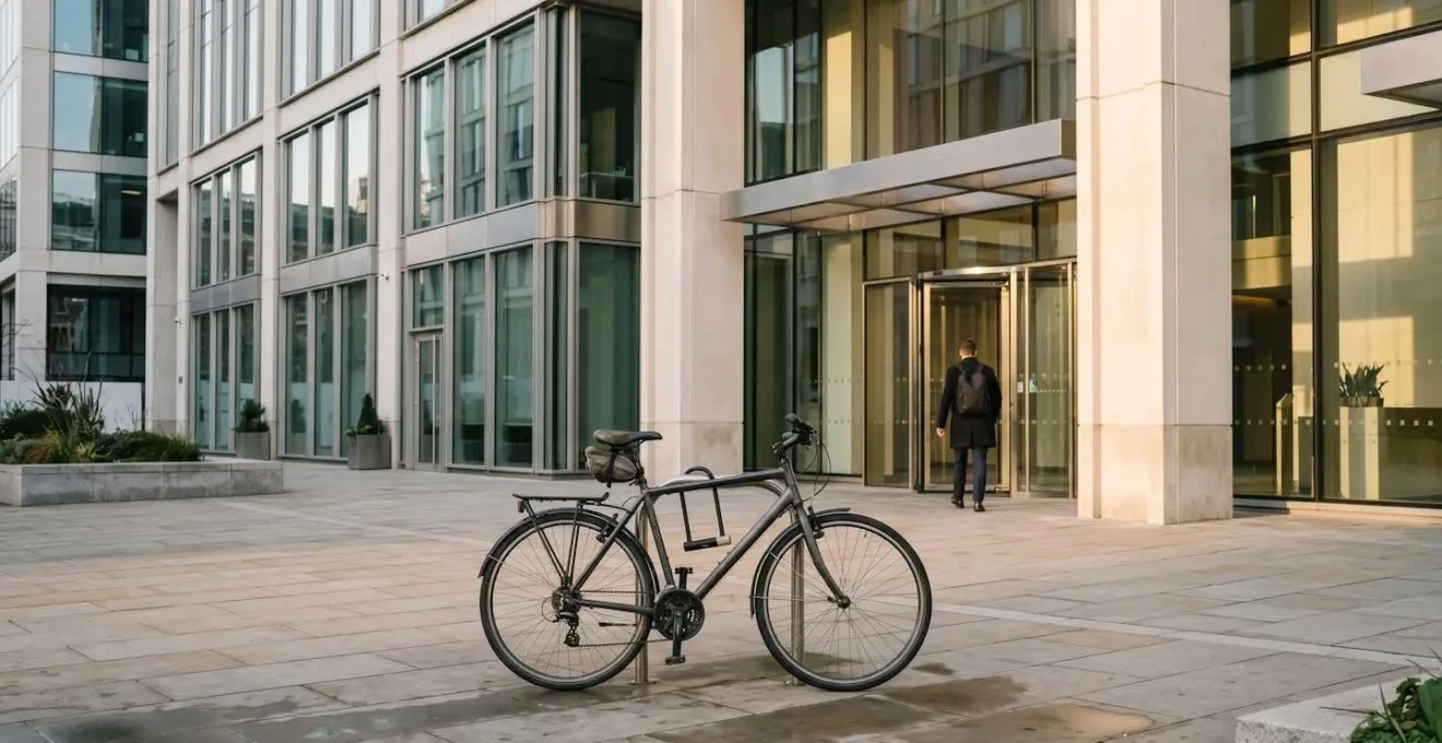 Professional cyclist arriving fresh at office in UK urban setting