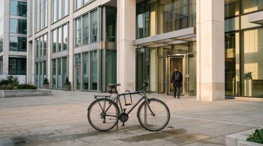 Professional cyclist arriving fresh at office in UK urban setting