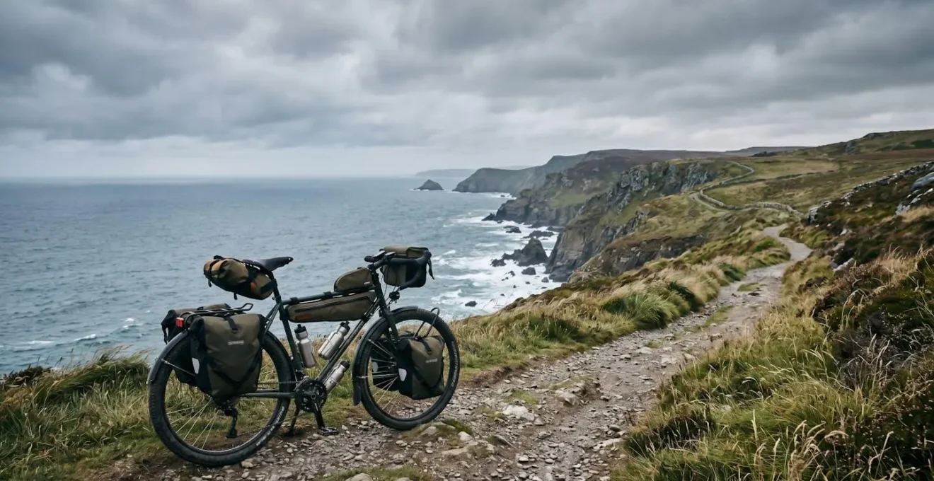 Touring bicycle with loaded panniers on dramatic UK coastal path with rugged cliffs and stormy sea