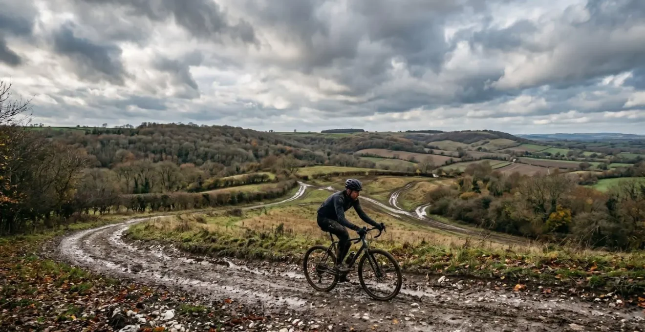 Gravel bike rider navigating muddy British countryside trail with chalk hills in background