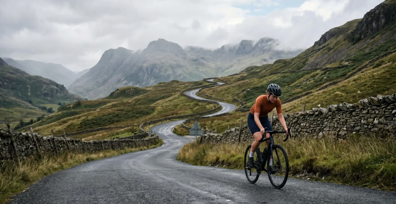 Cyclist navigating steep mountain gradient during UK sportive event with dramatic landscape
