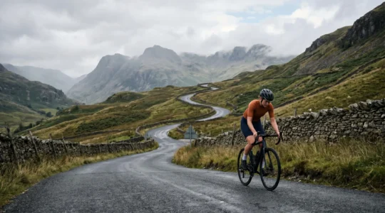 Cyclist navigating steep mountain gradient during UK sportive event with dramatic landscape