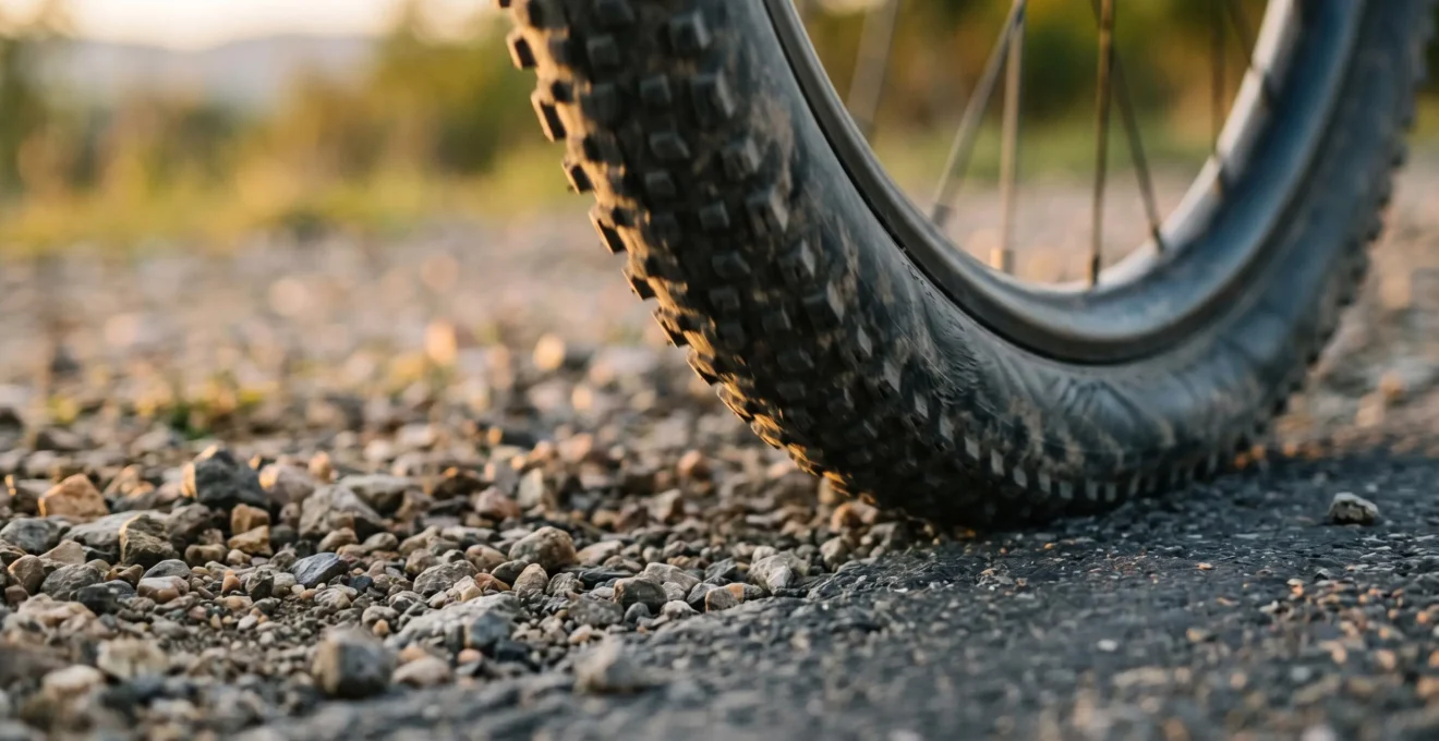 Close-up view of a wide 45mm gravel bicycle tyre on rough terrain showing the contact patch deformation at low pressure