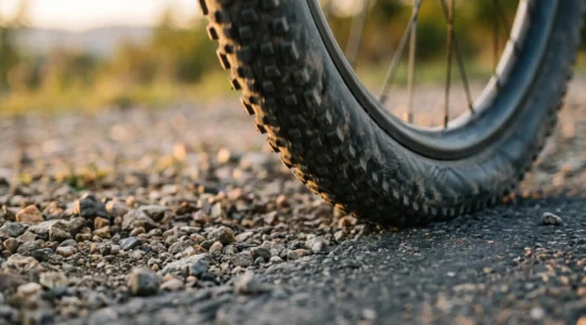Close-up view of a wide 45mm gravel bicycle tyre on rough terrain showing the contact patch deformation at low pressure